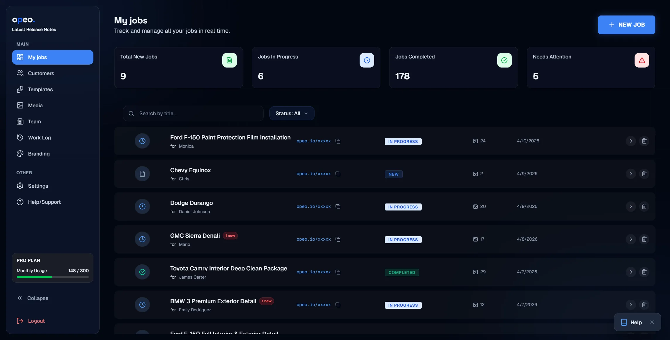 Opeo job list overview – manage all active and completed jobs
