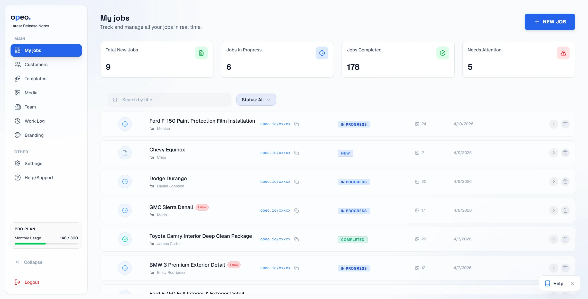 Opeo job list overview – manage all active and completed jobs